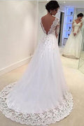 Lindo vestido de noiva branco com decote em V, costas abertas, mangas compridas e aplicações de renda, MW158 