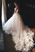 Robe de mariée élégante en tulle modeste bretelles tombantes avec fleurs, MW141