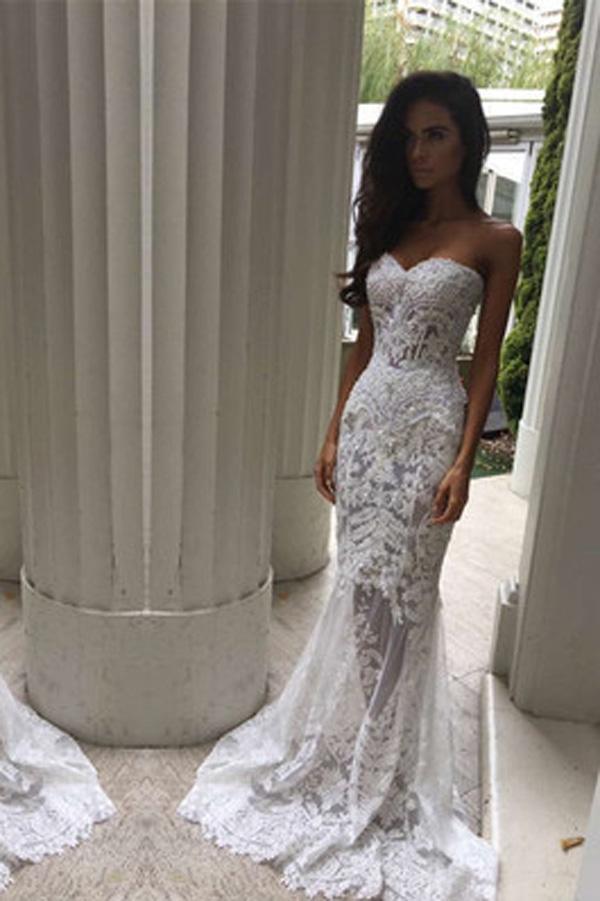 Vestito da sposa lungo e formale sirena con scollatura a cuore e spalle scoperte NumberSea bianco, MW165