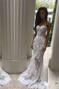 Vestito da sposa lungo e formale sirena con scollatura a cuore e spalle scoperte NumberSea bianco, MW165