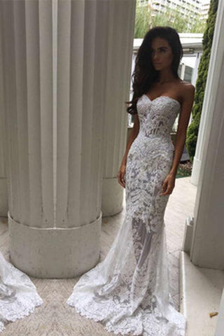 NumberSea Weißes, schulterfreies Meerjungfrau-Brautkleid mit Herzausschnitt, langes Brautkleid, MW165 