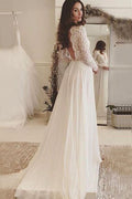 Robe de mariée en mousseline de soie ivoire avec dentelle, manches longues, dos nu et encolure en V, MW173