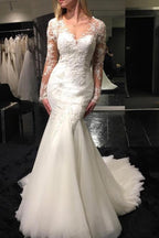 Vestido de novia blanco de tul con escote cuchara, manga larga, estilo sirena, cola barrida y encaje, MW194