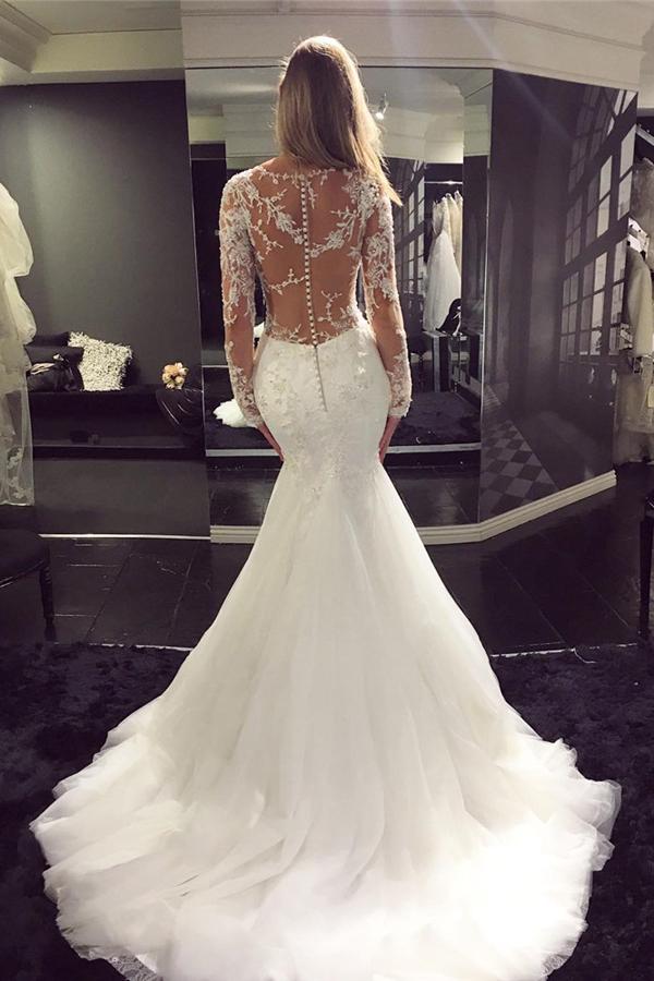 Vestido de novia blanco de tul con escote cuchara, manga larga, estilo sirena, cola barrida y encaje, MW194