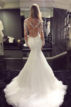 Vestido de novia blanco de tul con escote cuchara, manga larga, estilo sirena, cola barrida y encaje, MW194