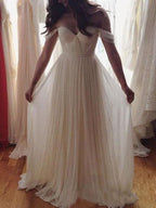 Simple Chiffon Ivory A-line Off Shoulder Summer Beach Wedding Dress, MW171