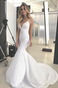 Robe de mariée longue dos nu sirène en dentelle avec décolleté en V et applications, MW135