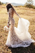 Splendido abito da sposa sirena lungo in pizzo avorio senza schienale con applicazioni, MW155