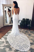 Abito da Sposa Mermaid Bianco Stupendo con Scollo a V Profondo, Pizzo e Spacco, MW240