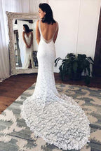 Gorgeous White Deep V-Neck Lace Mermaid Wedding Dress with Split, MW240