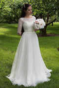Abito da Sposa Bianco in Pizzo con Corpetto e Mezze Maniche Lunghi, Abiti da Sposa Economici, MW160