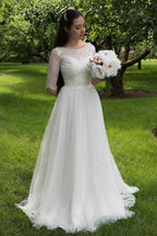 Abito da Sposa Bianco in Pizzo con Corpetto e Mezze Maniche Lunghi, Abiti da Sposa Economici, MW160
