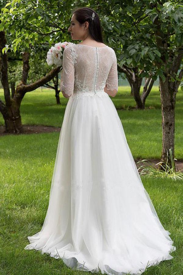 Abito da Sposa Bianco in Pizzo con Corpetto e Mezze Maniche Lunghi, Abiti da Sposa Economici, MW160