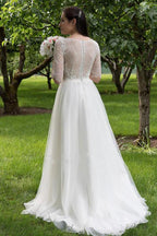 Abito da Sposa Bianco in Pizzo con Corpetto e Mezze Maniche Lunghi, Abiti da Sposa Economici, MW160