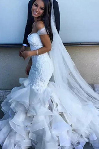 Weiße Meerjungfrau Off Shoulder Sweetheart Rüschen Brautkleider, Brautkleid, MW157 