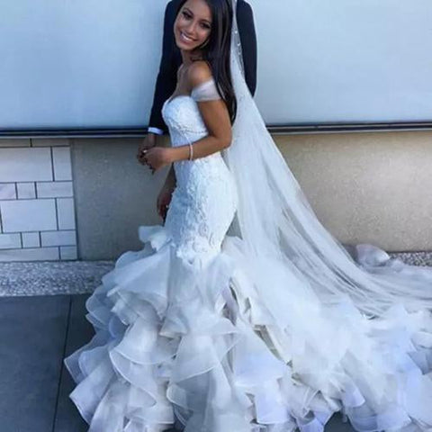 Weiße Meerjungfrau Off Shoulder Sweetheart Rüschen Brautkleider, Brautkleid, MW157 