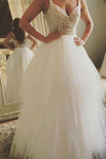 Fabulous White A-line V-neck Lace Long Wedding Dresses with Apppliques, MW153