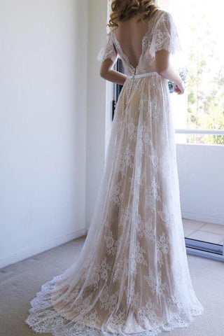 NumberSea Romantisches weißes Brautkleid mit offenem Rücken und halblangen Ärmeln, A-Linie, Spitze, lang, MW208 