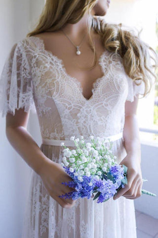 NumberSea Romantisches weißes Brautkleid mit offenem Rücken und halblangen Ärmeln, A-Linie, Spitze, lang, MW208 