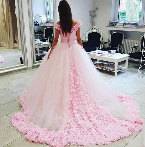 Gorgeous Pink Tulle Off shoulder Ball Gown Wedding Dresses, Quinceanera Dresses, MW205