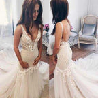 Gorgeous Ivory Tulle Mermaid V-Neck Lace Sleeveless Wedding Dresses, MW156