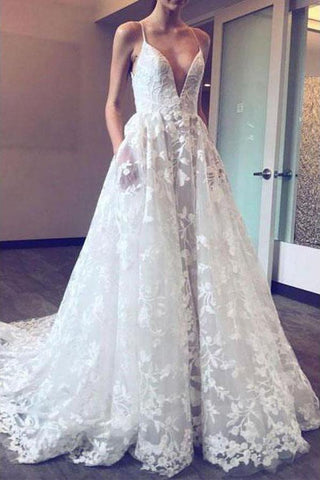 Fabelhaftes Ballkleid-Brautkleid mit tiefem V-Ausschnitt und Spaghettiträgern, Spitzenapplikation, MW150 