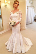 Bellissimi Abiti da Sposa a Sirena con Scollo a V e Maniche Tre Quarti in Pizzo, MW163
