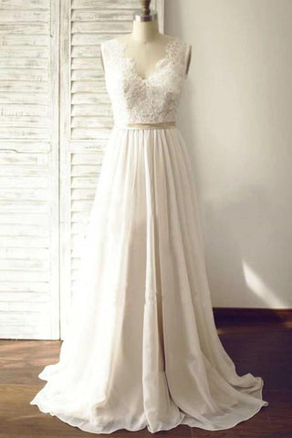 Elfenbeinfarbenes Brautkleid mit V-Ausschnitt, offenem Rücken, ärmellosem Spitzengürtel und Schleppe, MW176 