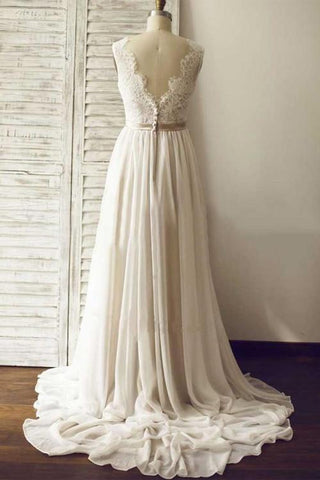 Elfenbeinfarbenes Brautkleid mit V-Ausschnitt, offenem Rücken, ärmellosem Spitzengürtel und Schleppe, MW176 