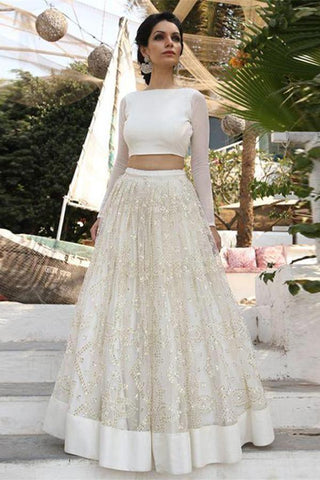 Vestido de noiva barato NumberSea, duas peças, cor marfim, corte A, manga comprida, renda, MW196 