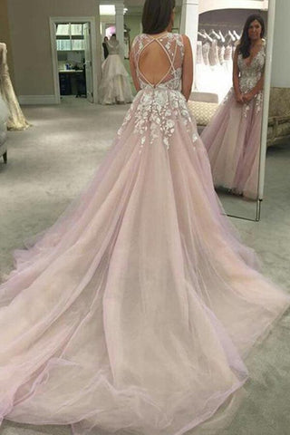 NumberSea Rosa A-Linie V-Ausschnitt Transparenter Rücken Langes Brautkleid mit Applikationen, MW245 