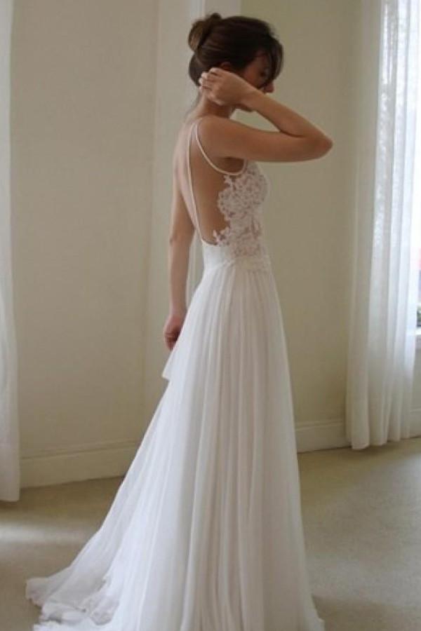 Robe de mariée blanche en mousseline à bretelles spaghetti, dos nu en dentelle simple et abordable, MW234
