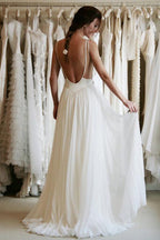 Robe de mariée blanche en mousseline à bretelles spaghetti, dos nu en dentelle simple et abordable, MW234