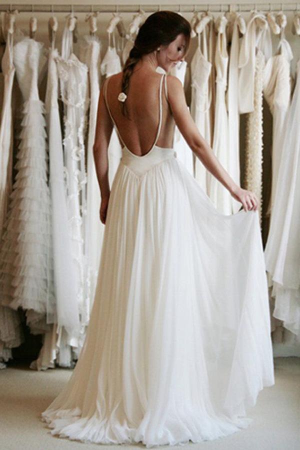 Robe de mariée blanche en mousseline à bretelles spaghetti, dos nu en dentelle simple et abordable, MW234
