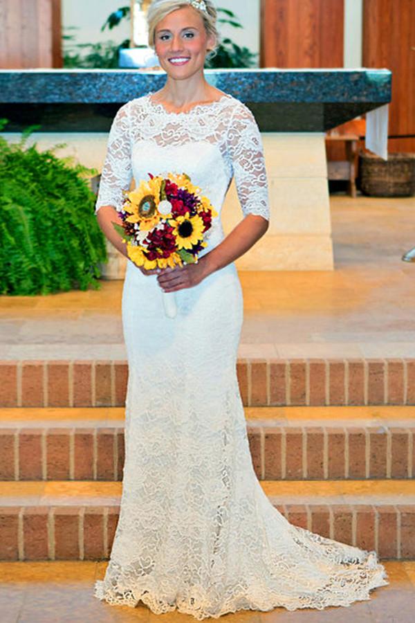 Vestidos de novia blancos de encaje sirena con cuello redondo, espalda abierta y mangas cortas, MW211
