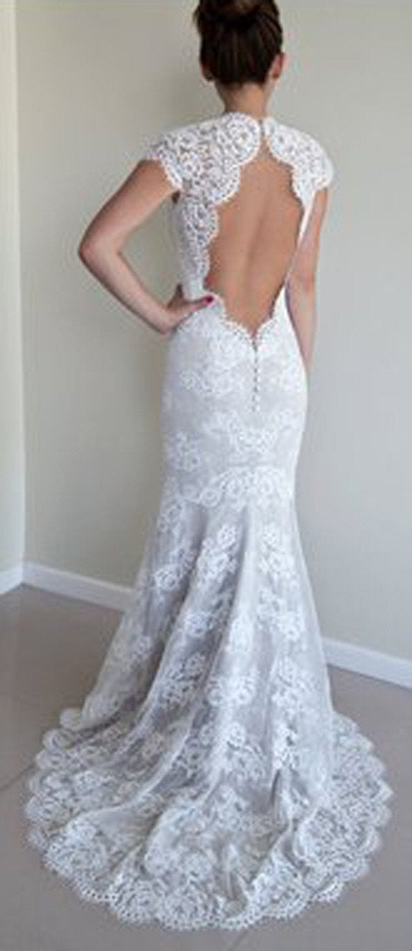 Vestidos de novia blancos de encaje sirena con cuello redondo, espalda abierta y mangas cortas, MW211