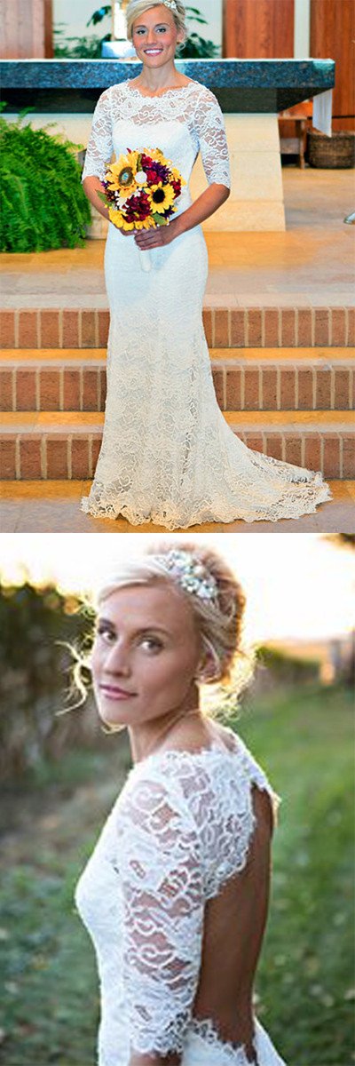 Vestidos de novia blancos de encaje sirena con cuello redondo, espalda abierta y mangas cortas, MW211