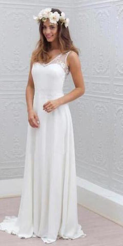Günstige einfache Chiffon Spitze Open Back weiße Brautkleider, Strand Brautkleid, MW122 