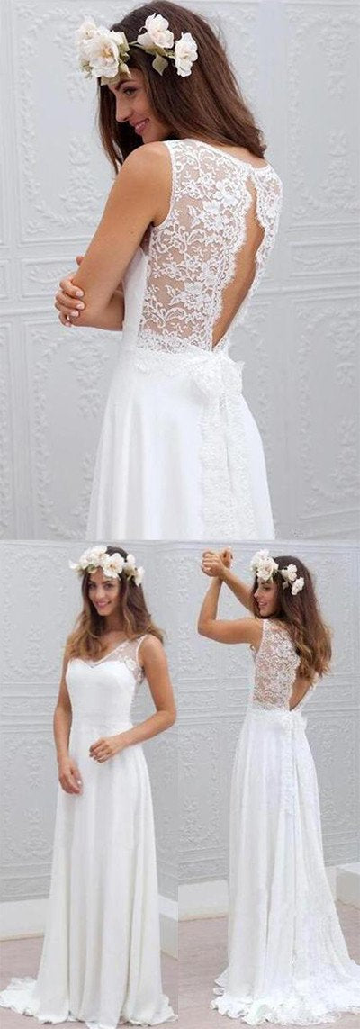 Cheap Simple Chiffon Lace Open Back White Wedding Dresses, Beach Wedding Dress, MW122