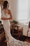 Robe de mariée de plage romantique sans dos princesse à col licorne sirène avec dentelle, MW183