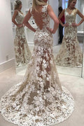 NumberSea Robe de mariée en dentelle ajourée avec lacets, dos ouvert et traîne balayée, avec appliqués, MW201