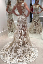NumberSea Robe de mariée en dentelle ajourée avec lacets, dos ouvert et traîne balayée, avec appliqués, MW201