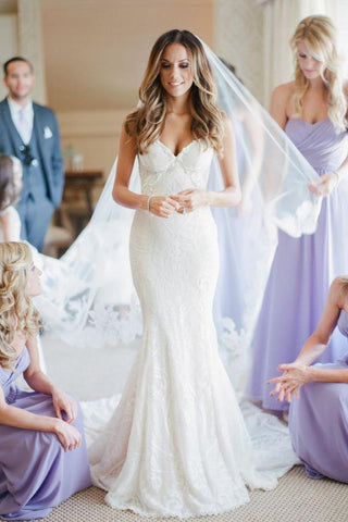 NumberSea Weißes Brautkleid mit Herzausschnitt und Trompetenärmeln, Schnürung und Applikationen und Schleppe, MW255 