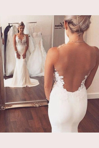 NumberSea Weißes Brautkleid mit offenem Rücken und Spaghettiträgern, Trompeten-Schleppe, MW225 