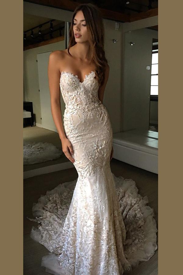 Vestidos de noiva NumberSea sem alças, decote em coração e costas abertas, com cauda em trompete, MW193 