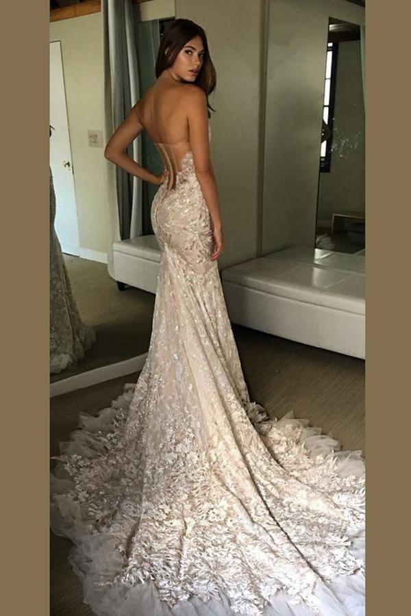 Vestidos de noiva NumberSea sem alças, decote em coração e costas abertas, com cauda em trompete, MW193 