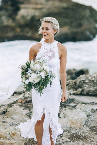 Weißes Neckholder-Spitzen-Brautkleid mit Schleppe, Brautkleid mit Applikationen, MW161 