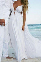 Charming White Chiffon Simple Sleeveless Open Back Beach Wedding Dresses, MW227