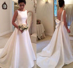 Satin Boat Neck Sleeveless Deep V Back Wedding Dresses With Sweep Train, MW112