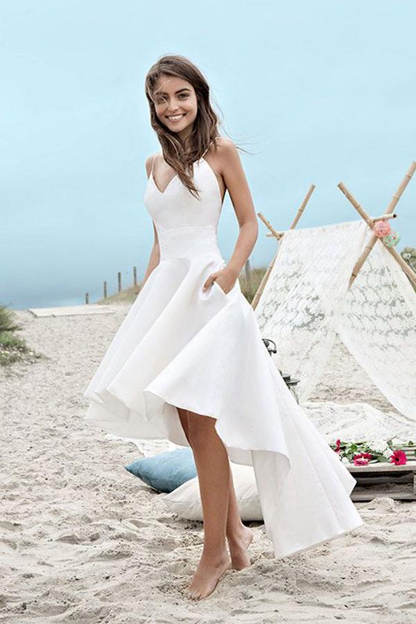 Weißes High Low Sweetheart Spaghettiträger Schlichtes Strand-Brautkleid, MW223 